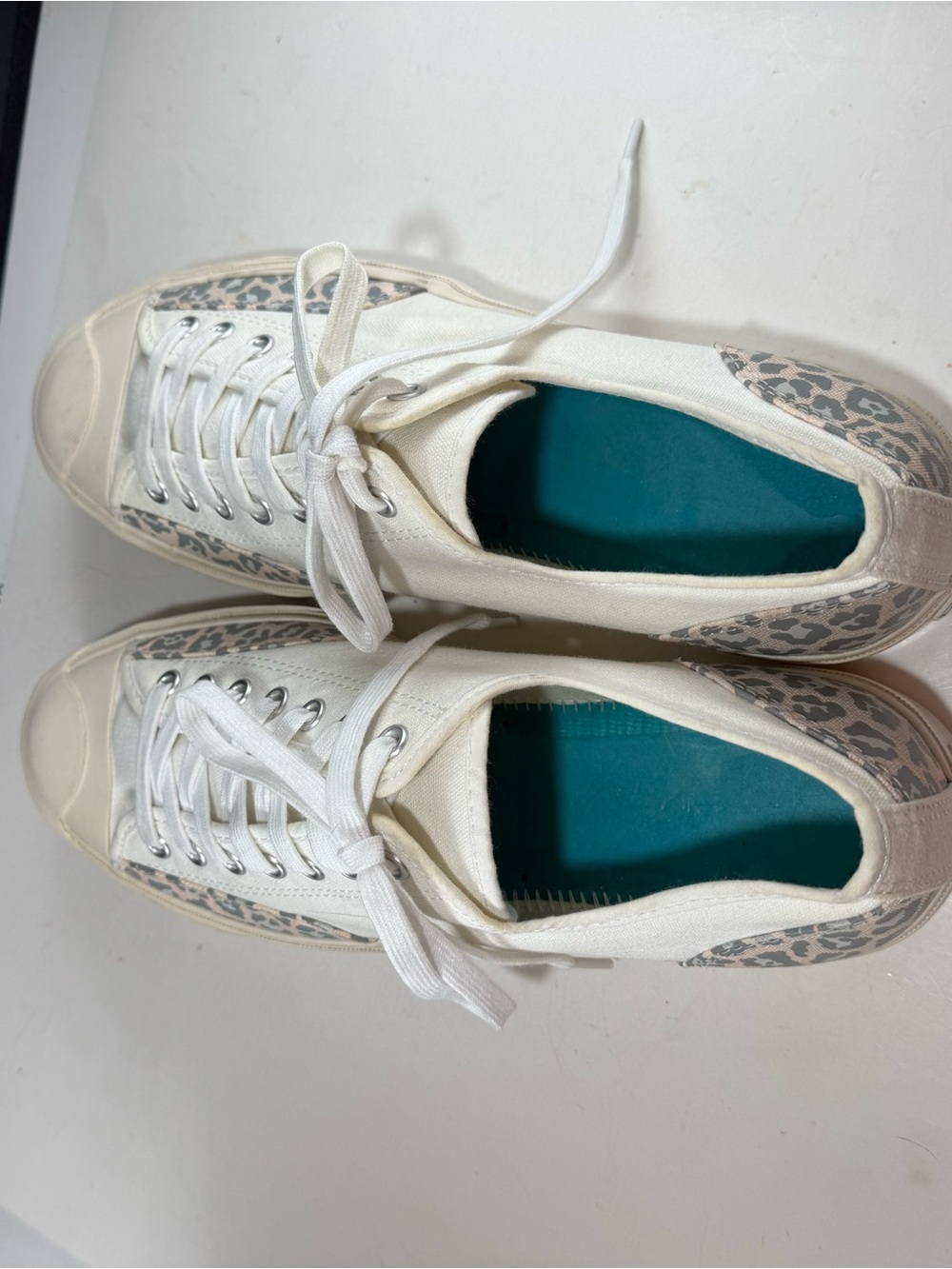 Size Men 10 Women 11.5 Converse White Low-Top Leopard Accent Jack Purcell Shoes - Picture 7 of 13